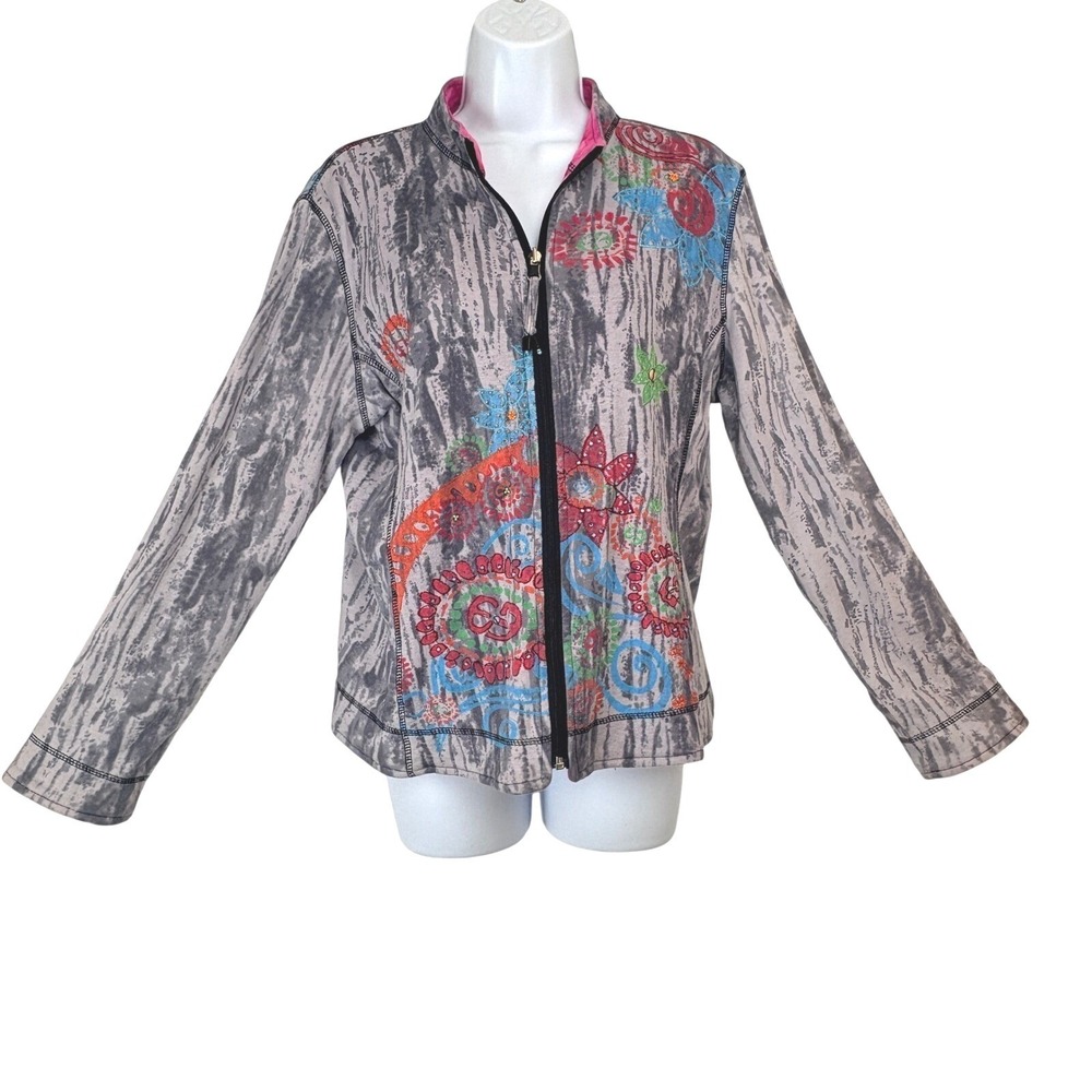 Women's Reversible Large Full Zip Jacket Grey Pink Floral‎ Embroidered Beaded